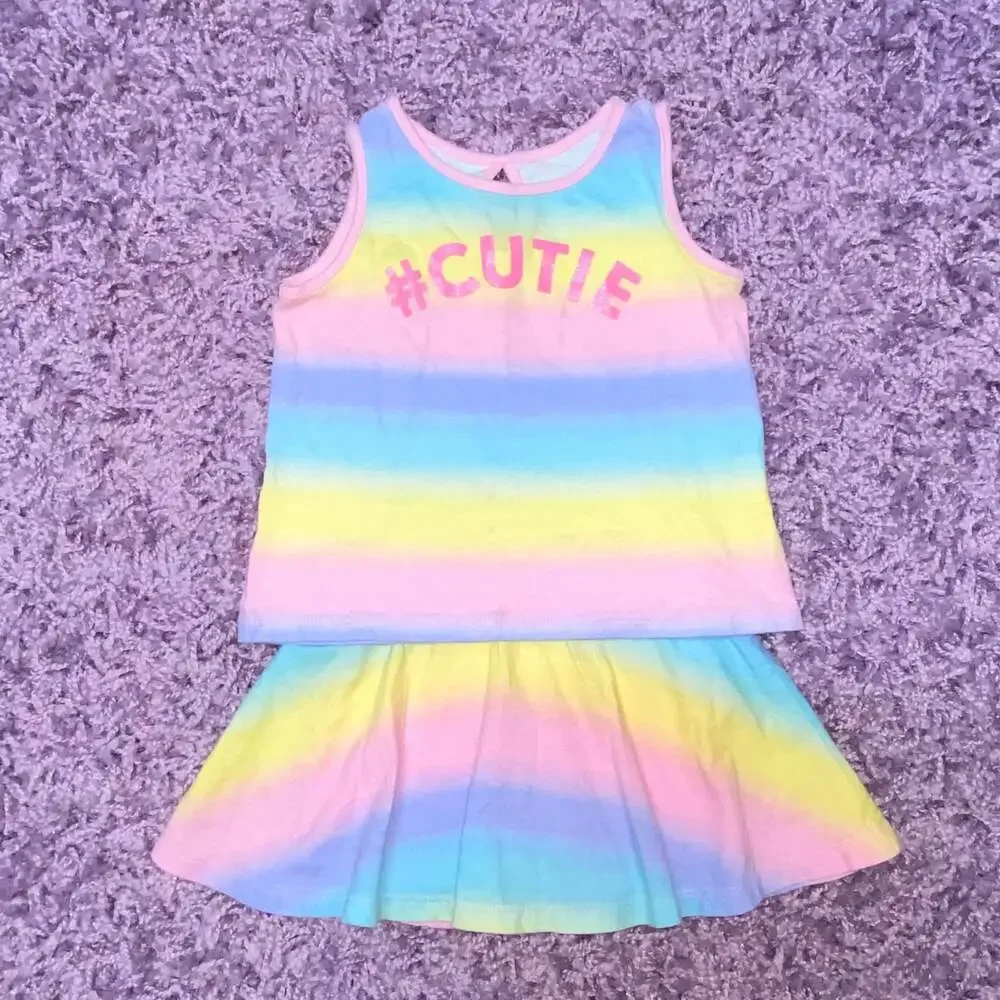 12-18m Baby Girls Pastel Rainbow Stripe 3pc Outfit Set Top Skirt Sandals Shoes - Picture 3 of 8
